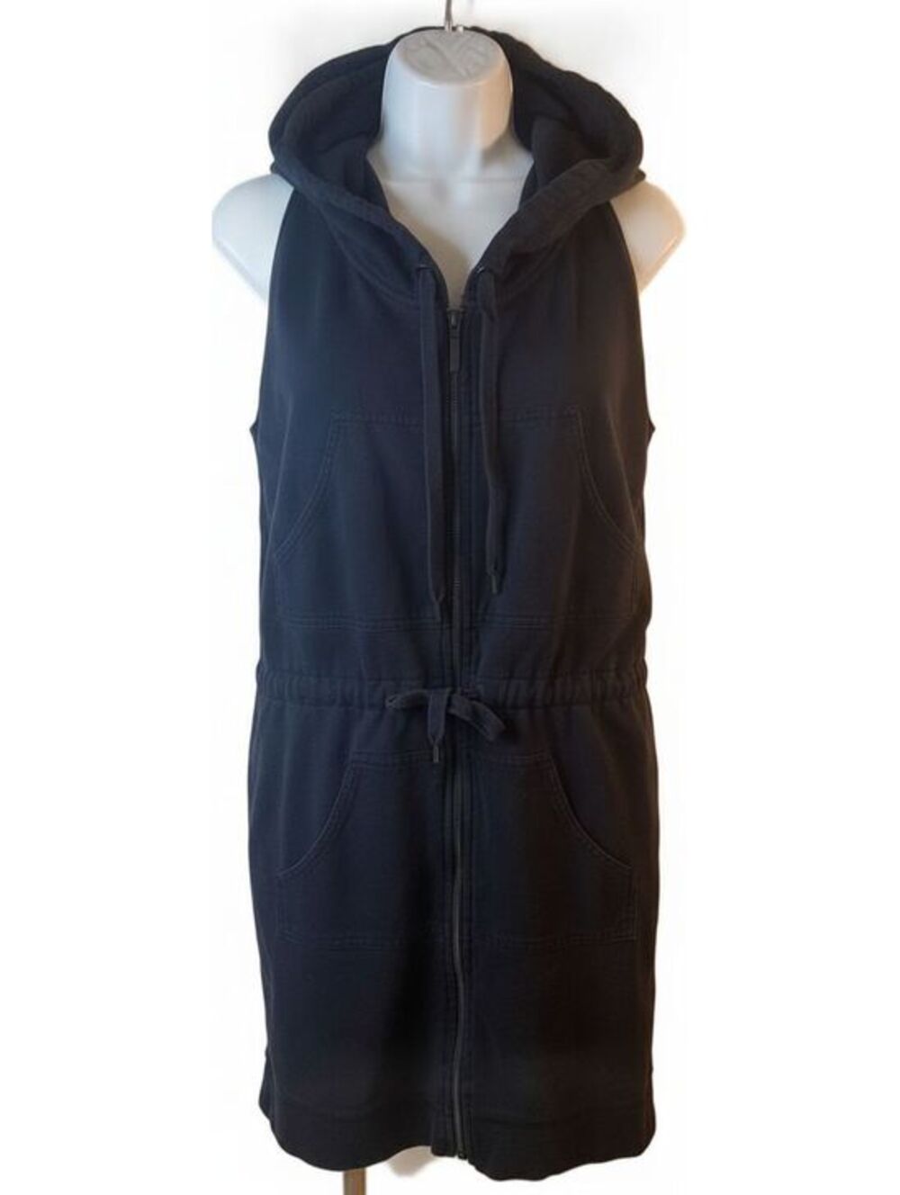 Norma Kamali Black Sleeveless Hooded Tunic Dress Zip Front Athleisure M